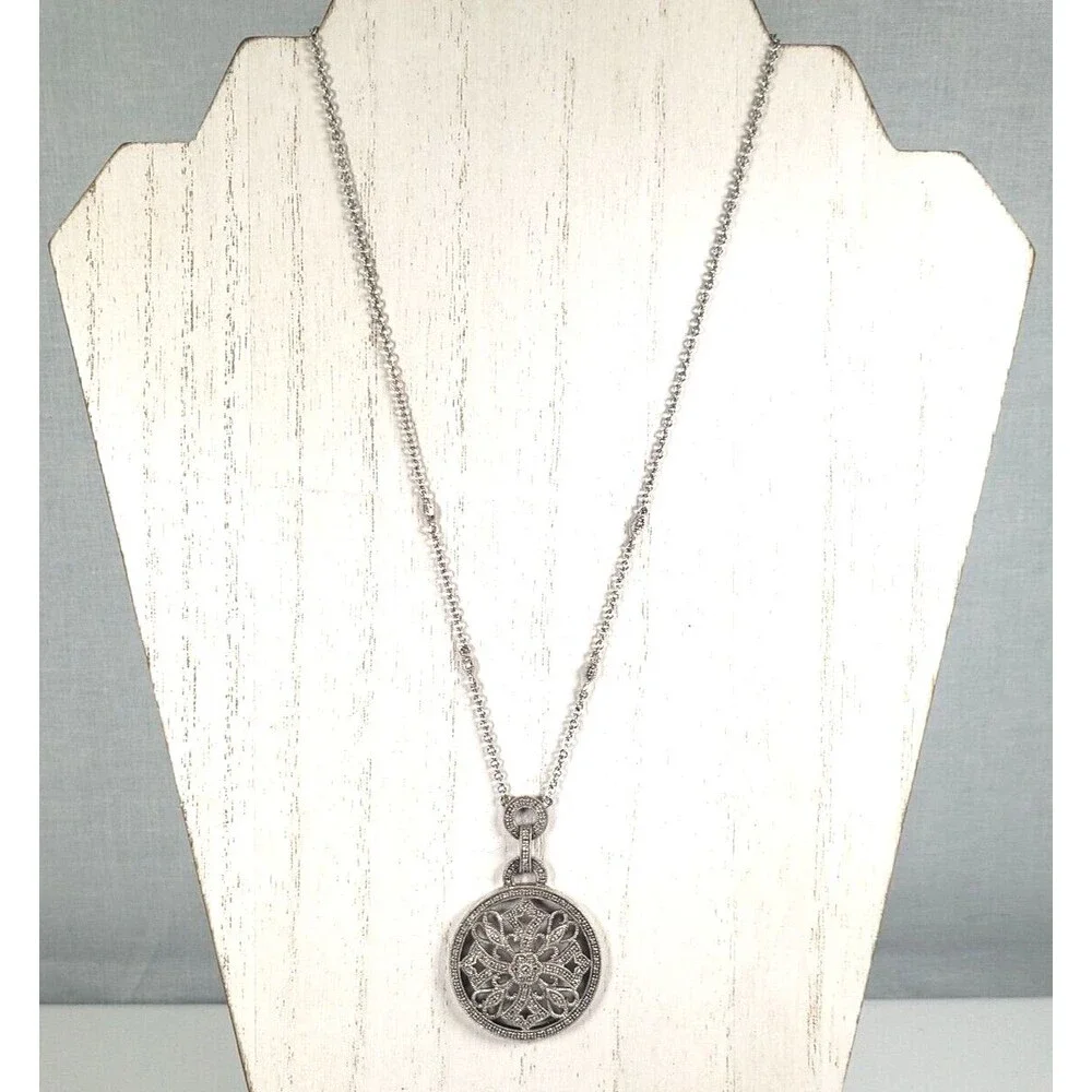 Vintage 925 Sterling Silver w Diamond Circle Cross Hearts Pendant Chain Necklace - Picture 4 of 16